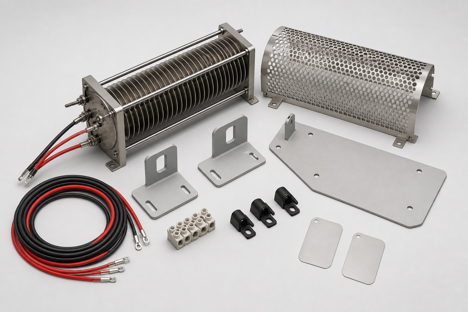 Concept illustration showing heater, guard, brackets, wires, terminals, and mounting hardware
