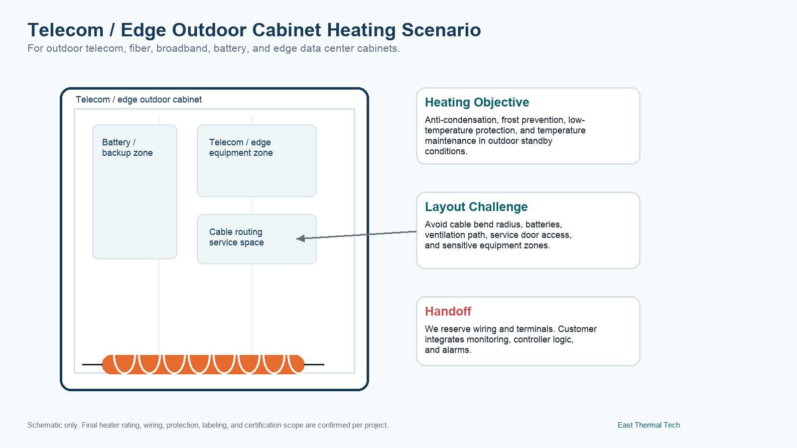 Telecom and edge outdoor cabinet heating schematic showing equipment zones and heater handoff